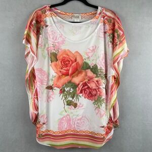 VTG Lavish Floral Rose Print Kaftan Blouse White Pink Orange Striped L USA Made